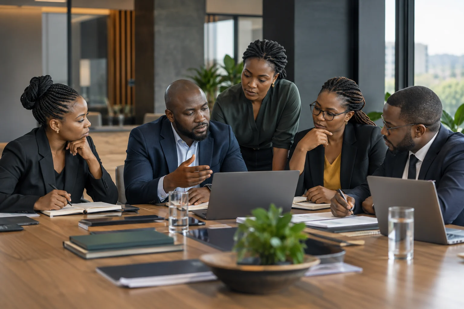 A multidisciplinary group of African professionals collaborating around a table